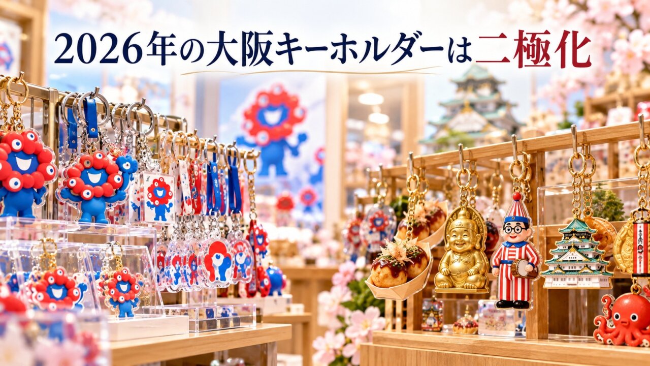 2026年の大阪キーホルダーは二極化 2026年の大阪キーホルダーを新しい人気モチーフと定番の大阪土産に分けて紹介するイメージ
