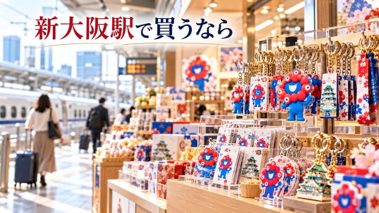 新大阪駅で買う大阪キーホルダー 新大阪駅の土産売り場で大阪らしいキーホルダーを選ぶイメージ