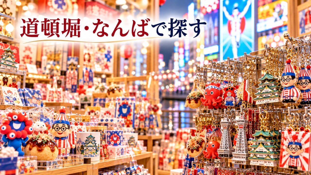 道頓堀・なんばで探す大阪キーホルダー 道頓堀・なんばの土産店で大阪らしいキーホルダーを探すイメージ
