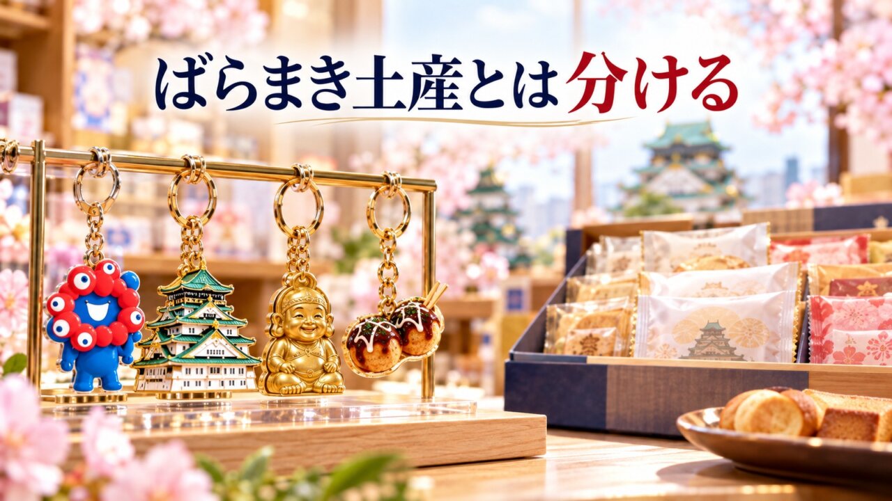 キーホルダーとばらまき土産の使い分け 少人数向けのキーホルダーと職場向けのばらまき菓子を使い分けるイメージ