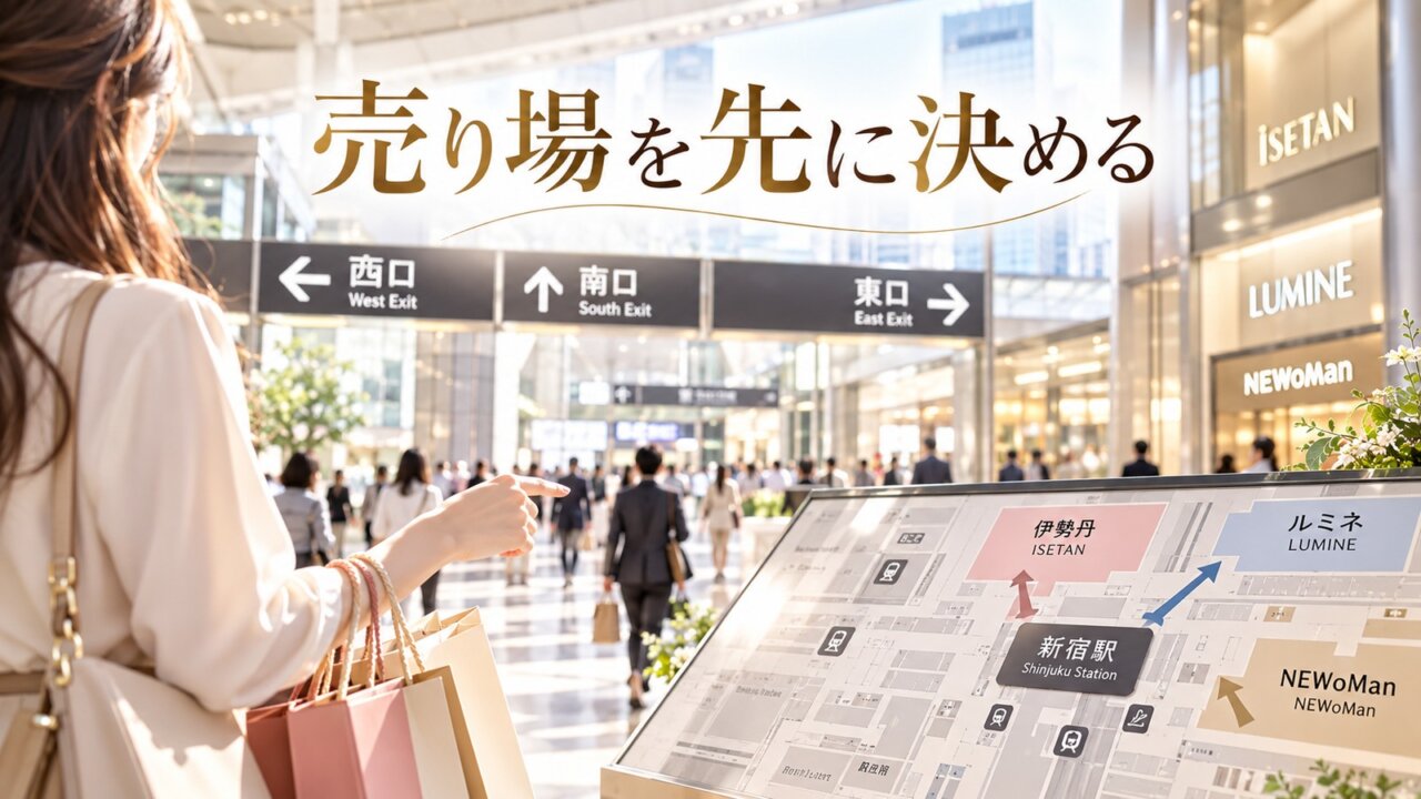新宿駅の売り場や出口を確認してお土産を選ぶイメージ