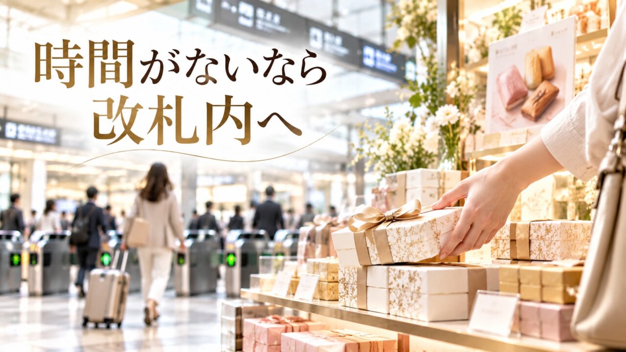新宿駅改札内で時間をかけずにお土産を選ぶイメージ