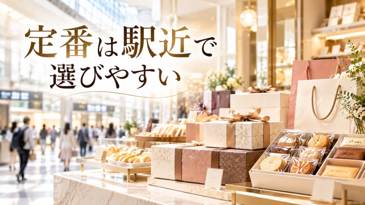 新宿駅近くの売り場で定番の焼き菓子土産を選ぶイメージ