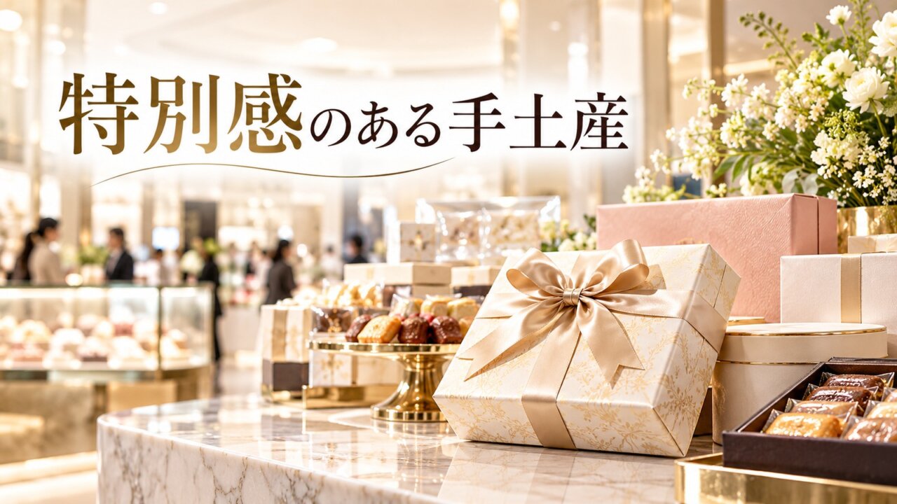 百貨店の上品な売り場で特別感のある手土産を選ぶイメージ