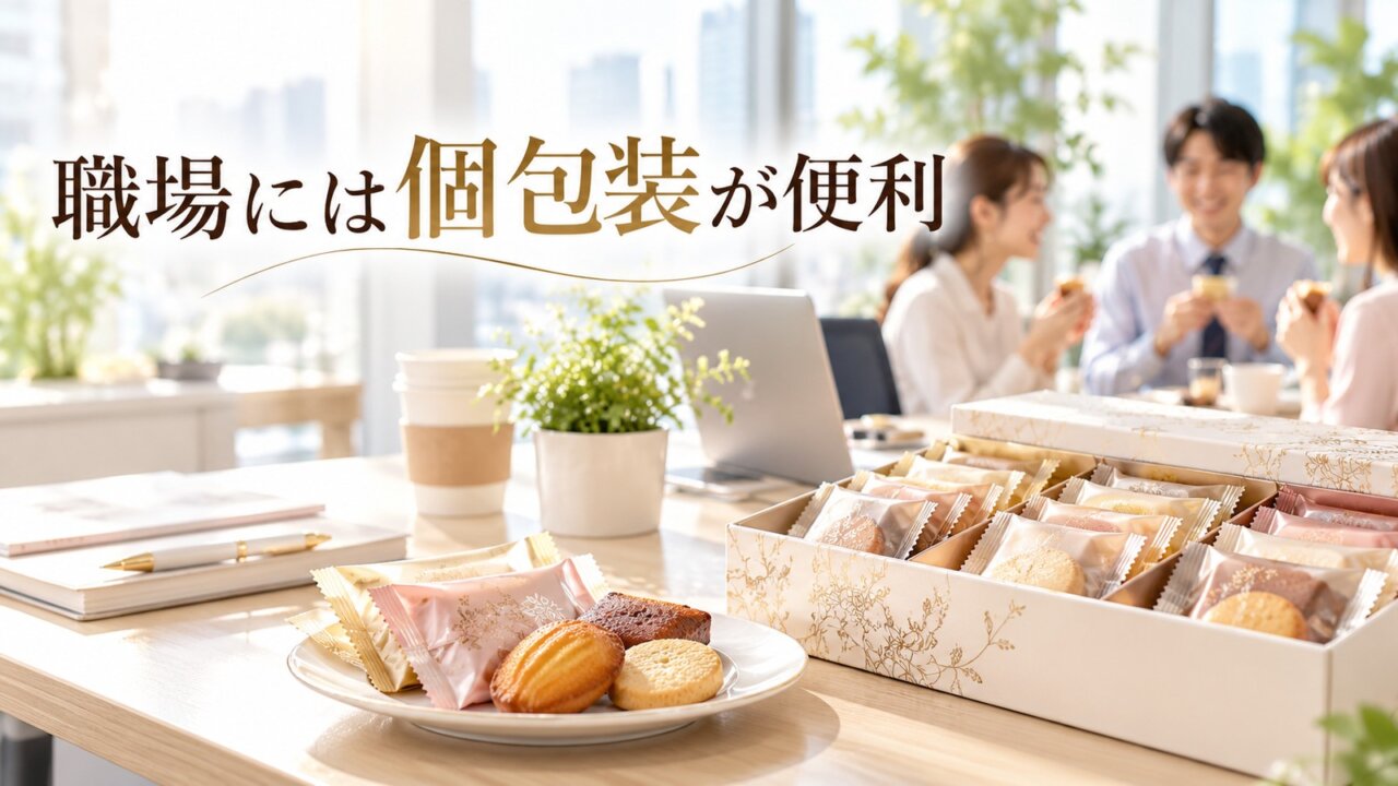 職場で配りやすい個包装のお菓子を囲むイメージ