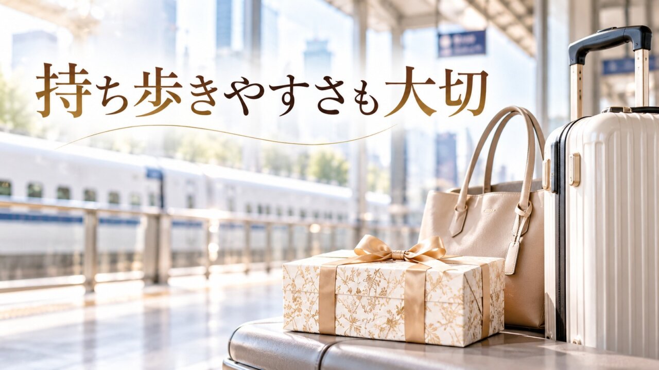 スーツケースと一緒に新宿のお土産を持ち運ぶイメージ