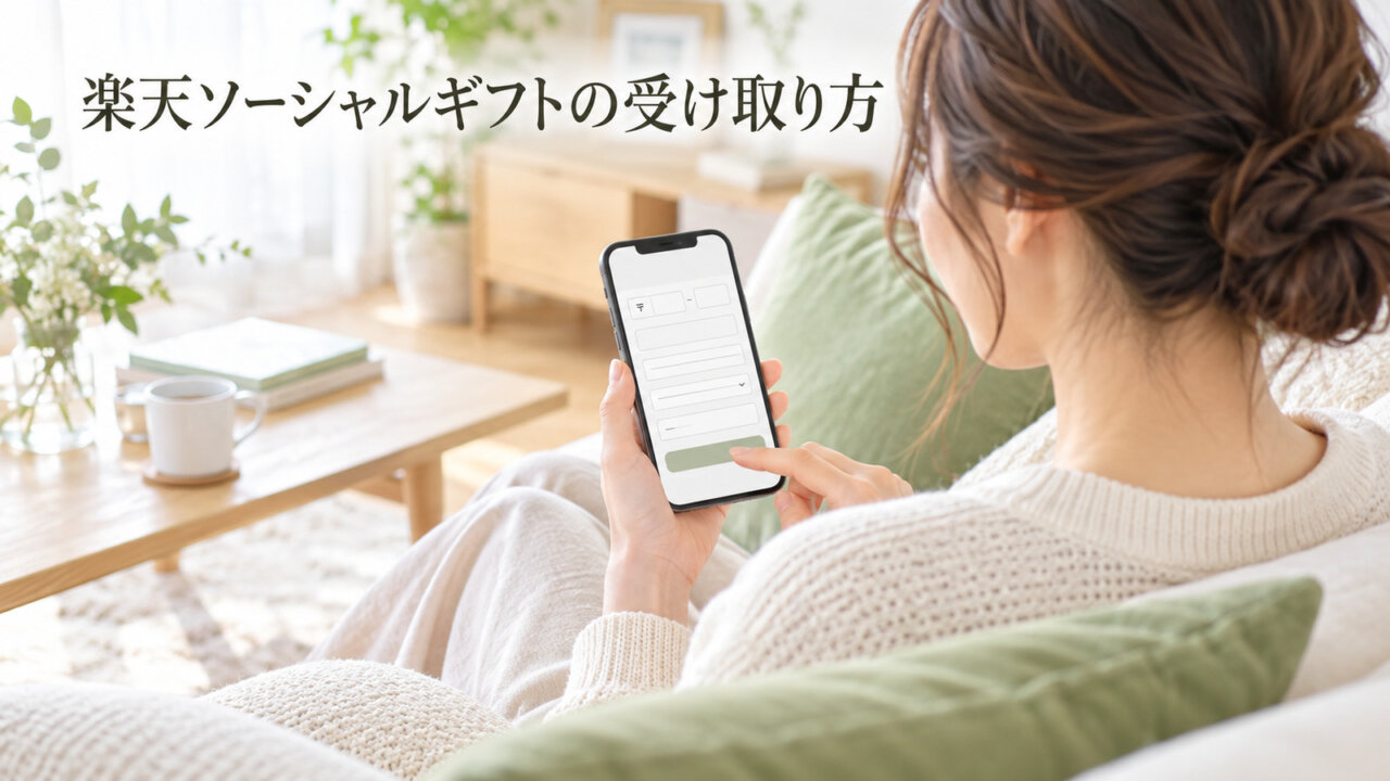 楽天ソーシャルギフトの受け取り方 リビングでスマートフォンに配送先情報を入力する女性
