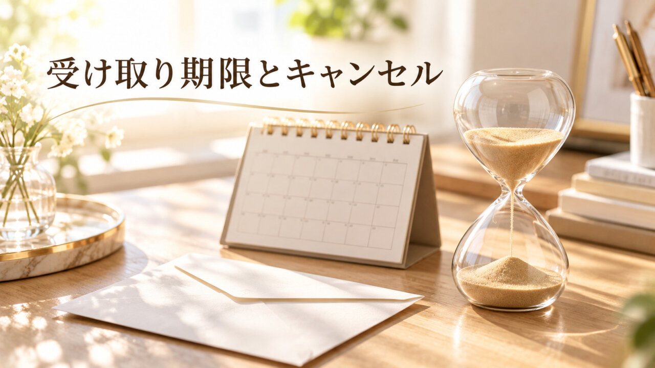 受け取り期限とキャンセル 卓上カレンダーと砂時計でギフトの受け取り期限を表現