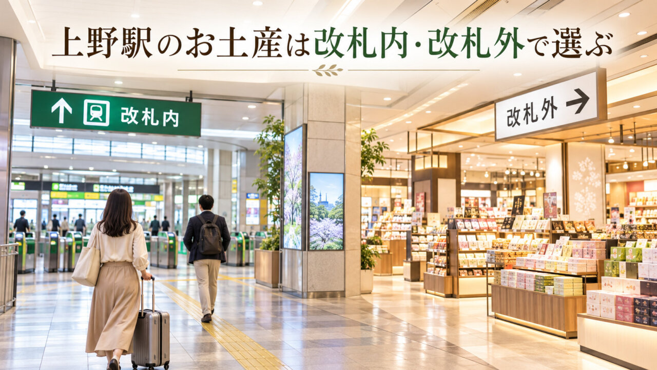 上野駅構内の通路とお土産売り場を描いた改札内・改札外のイメージ画像