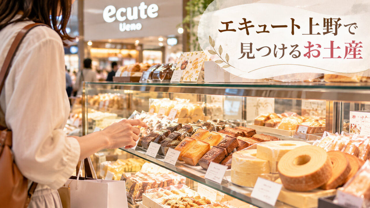 エキュート上野のような明るい駅ナカの焼き菓子売り場を描いたイメージ画像