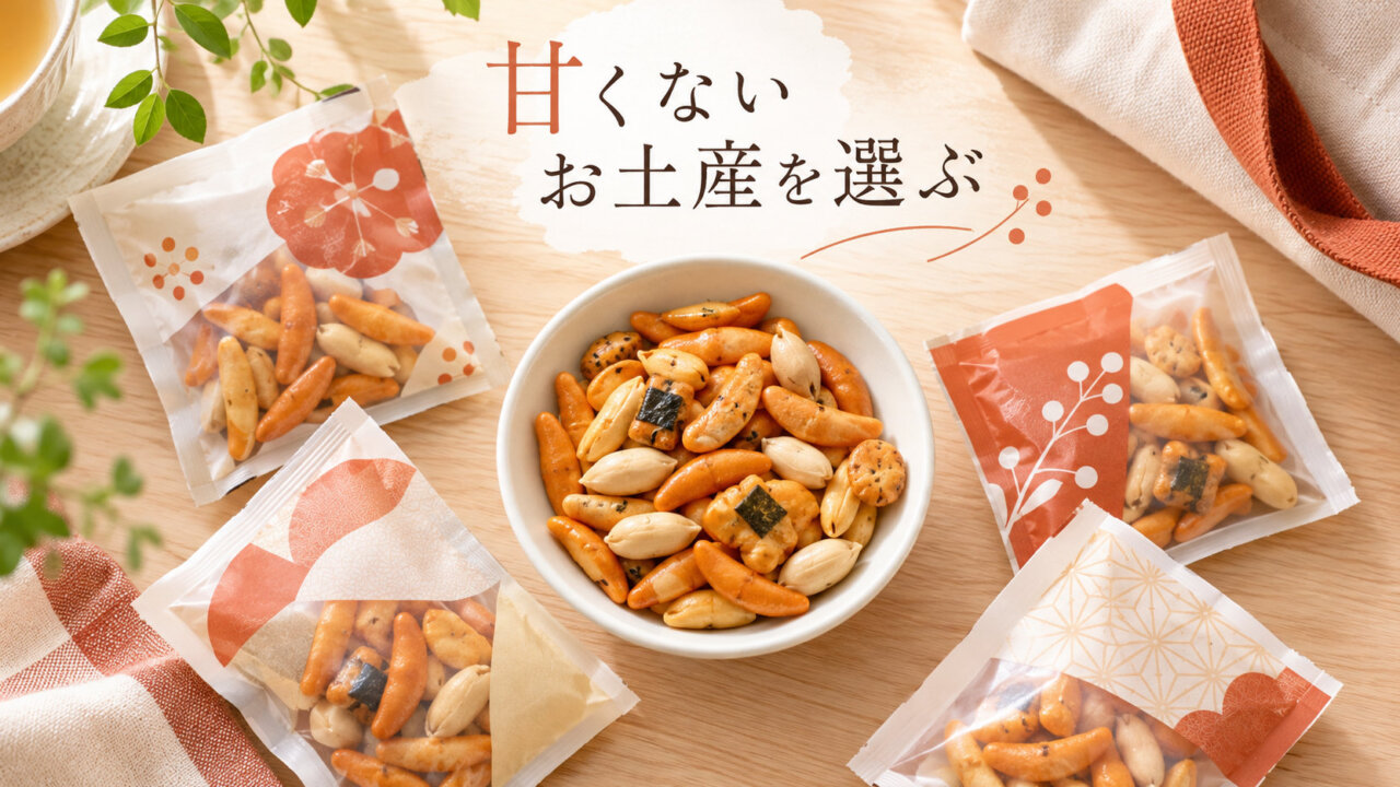 器に入った柿の種と配りやすい小袋を並べた甘くないお土産のイメージ画像