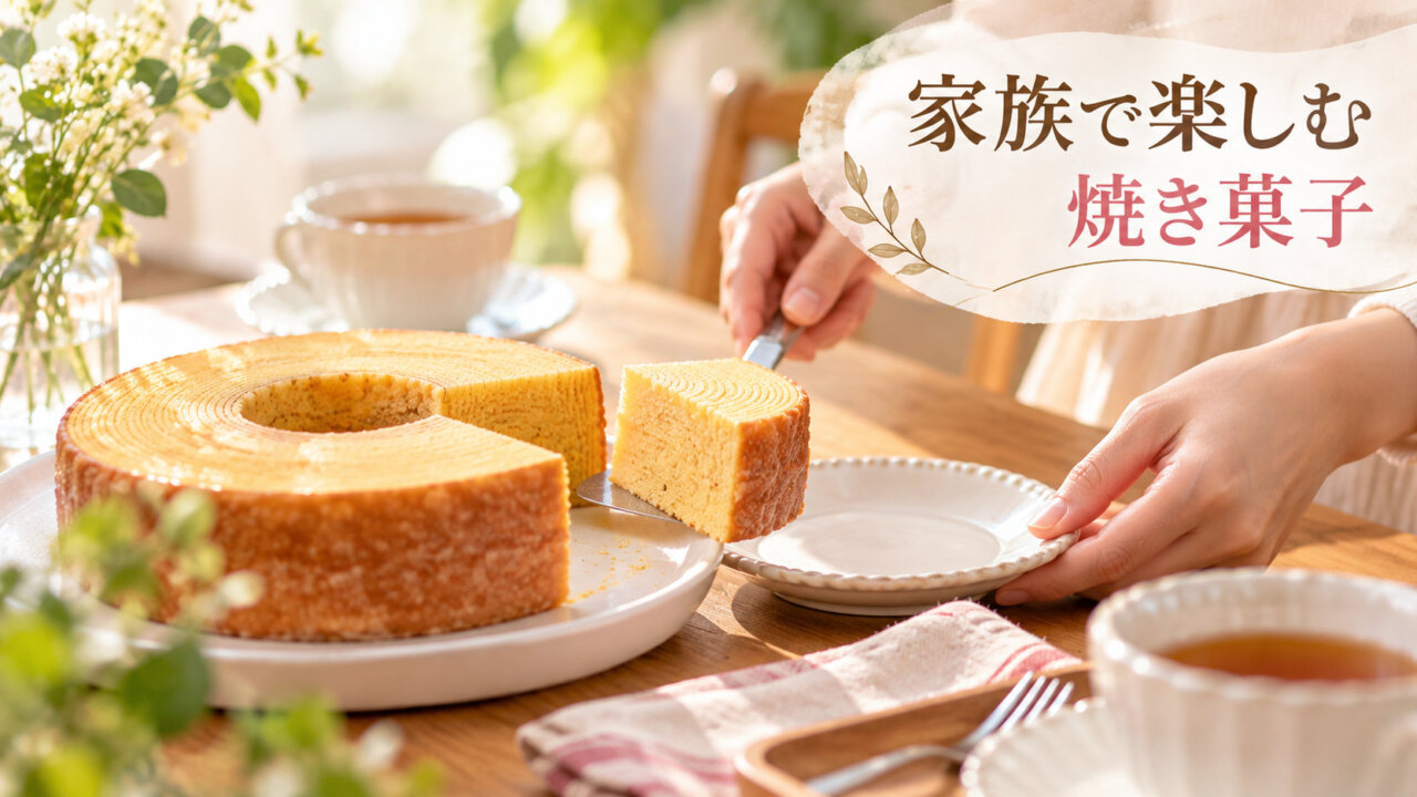 家族のお茶の時間にバウムクーヘンを切り分ける焼き菓子のイメージ画像