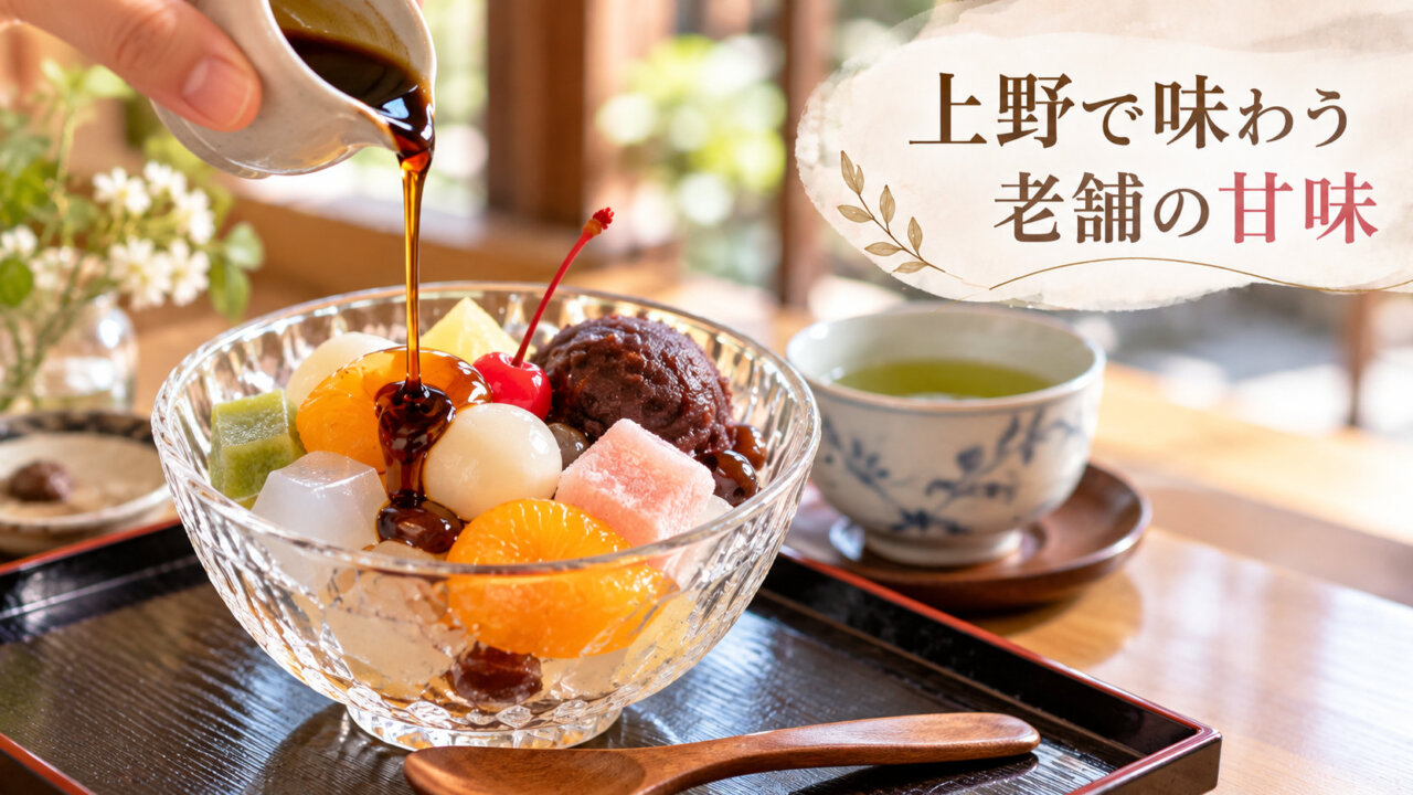 あんみつに黒蜜をかける和の甘味処をイメージした画像