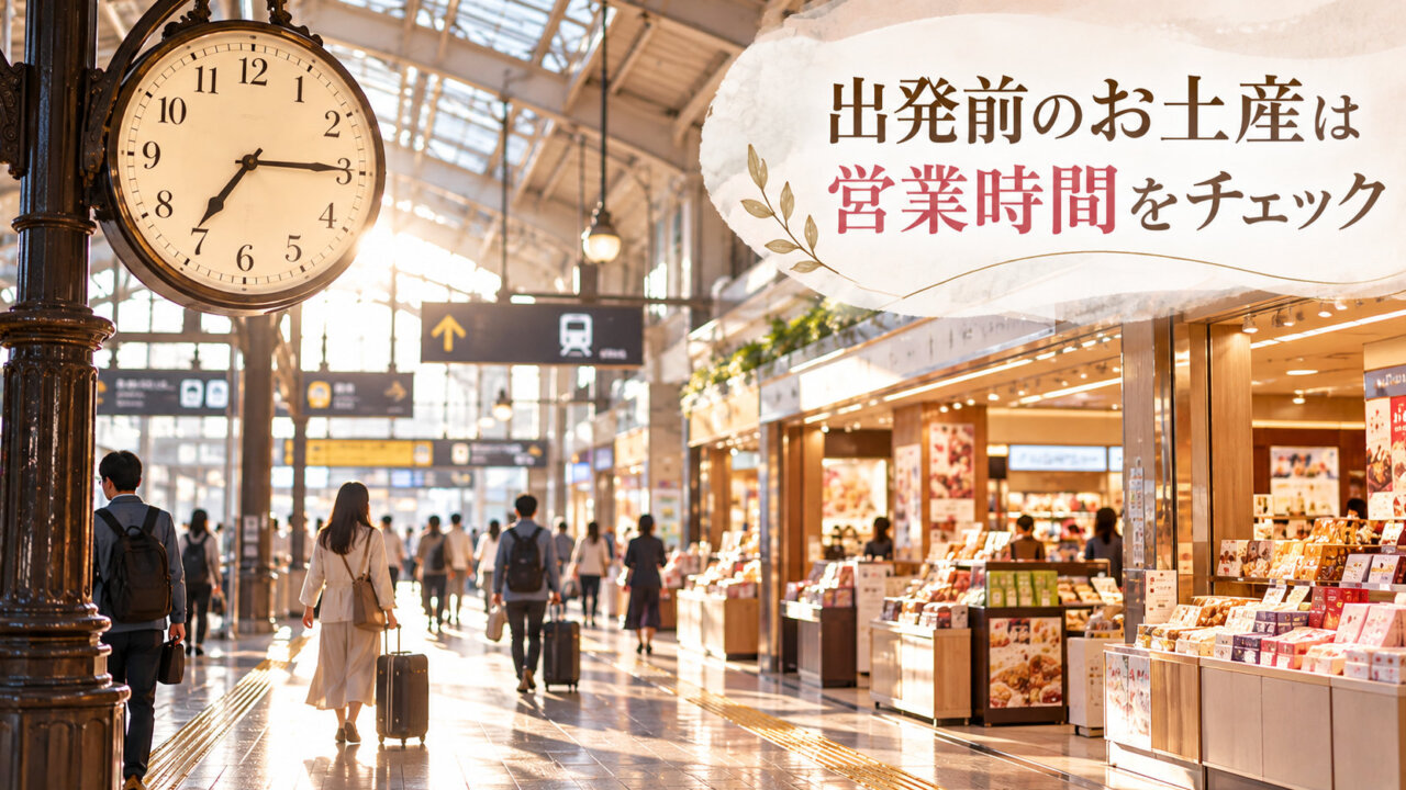 朝の駅構内で時計とお土産売り場を写した営業時間確認のイメージ画像