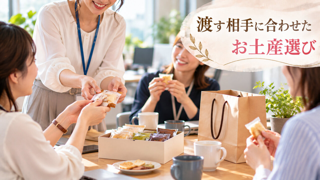 職場の仲間へ個包装のお土産を配る場面を描いたイメージ画像