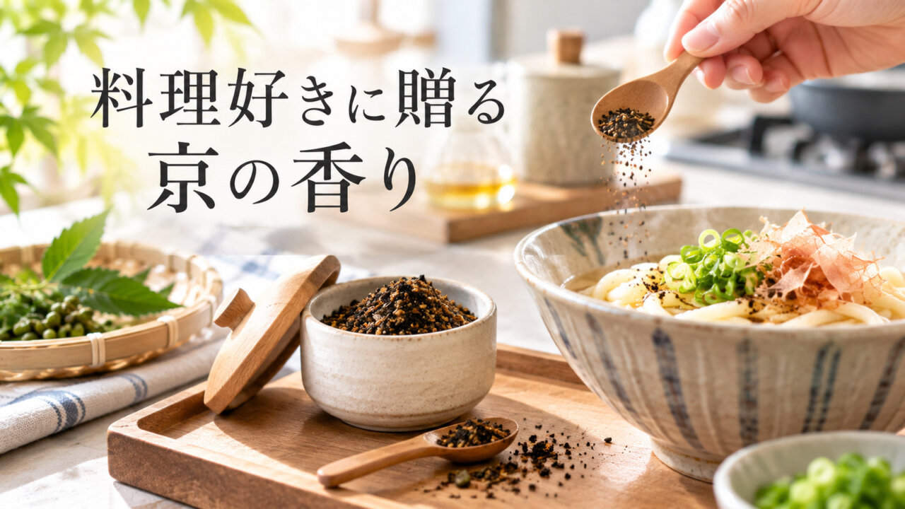 料理好きに贈る京の香り うどんに七味を振りかける手元と陶器の香辛料入れ