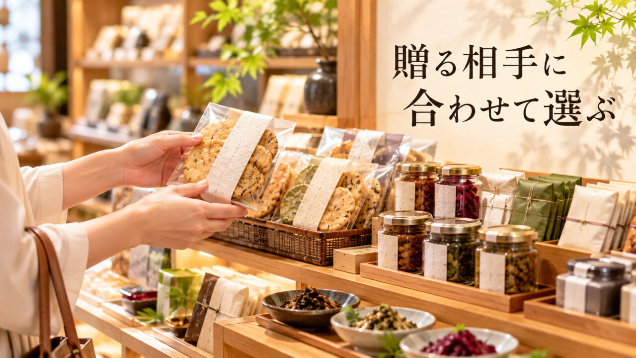 贈る相手に合わせて選ぶ 京都風のお土産店で個包装の米菓を手に取って選ぶ場面