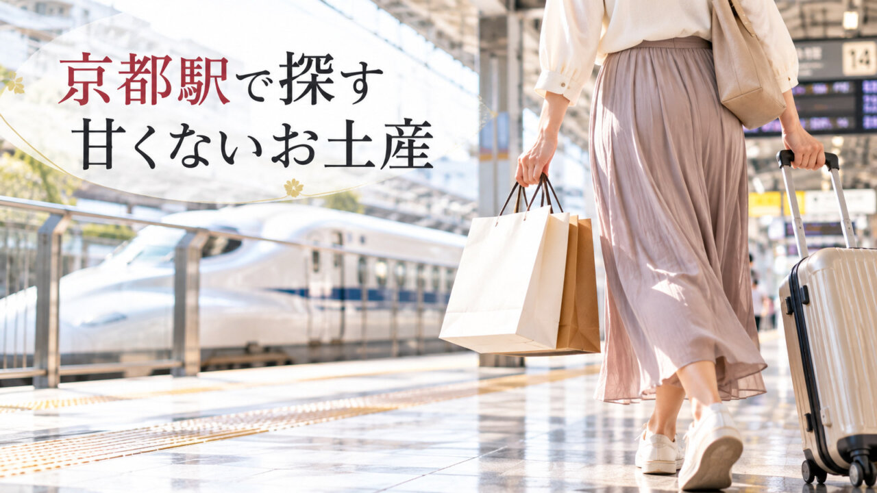 京都駅で探す甘くないお土産 新幹線ホームでお土産袋とキャリーケースを持つ旅行者の後ろ姿