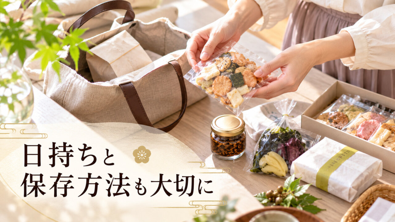 日持ちと保存方法も大切に 旅のバッグから米菓を取り出して漬物や調味料と並べる様子