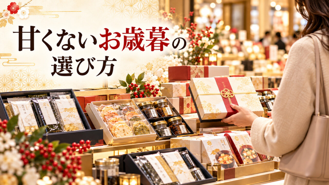 百貨店の食品ギフト売り場で女性が贈り物を選んでいるイメージ