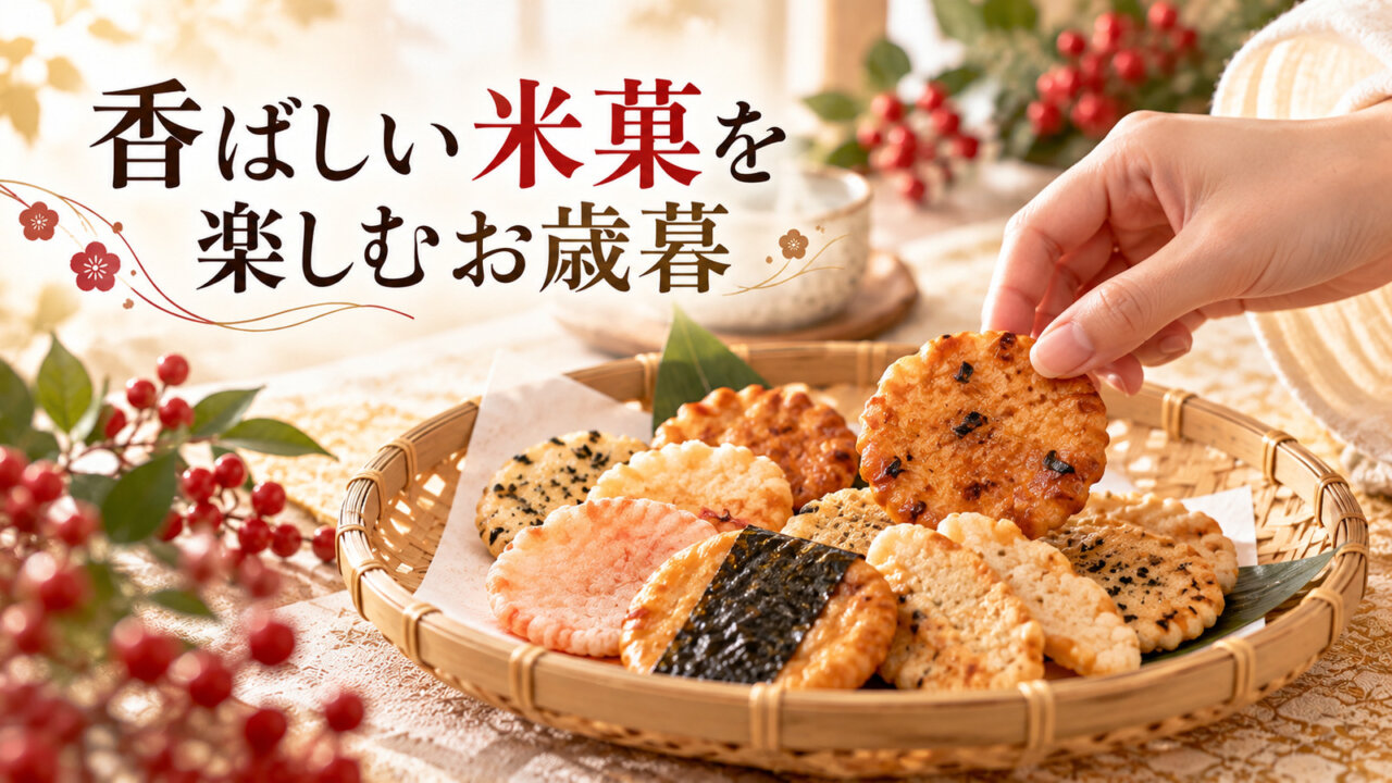 竹のトレーに並んだ海老せんべいとおかきを手に取る様子
