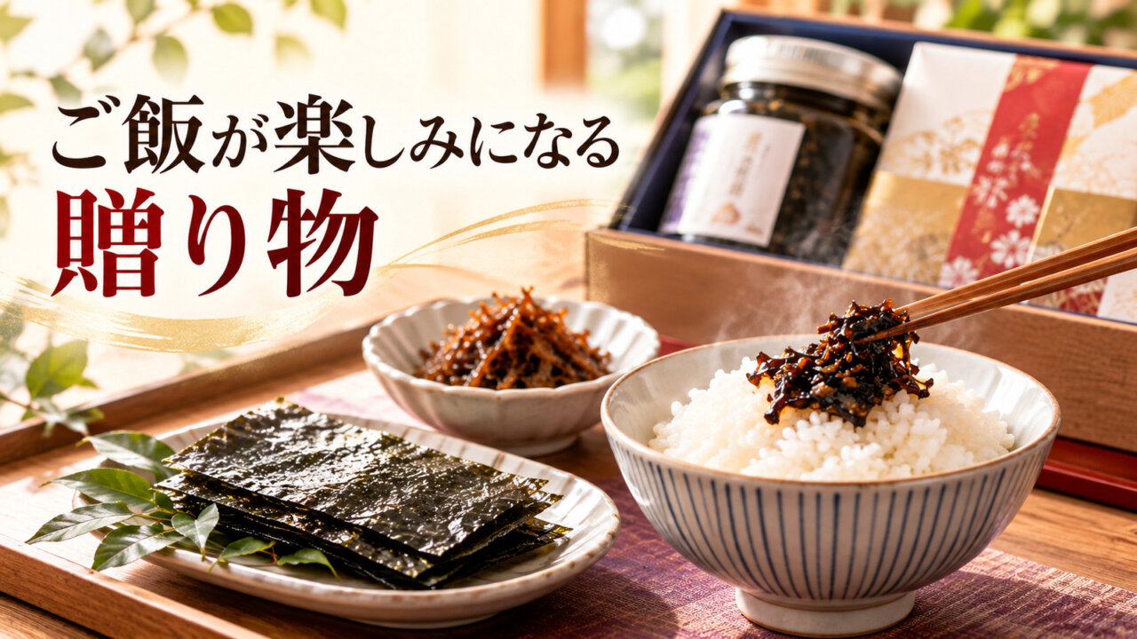 佃煮と海苔のギフトを添えた炊きたてのご飯の食卓