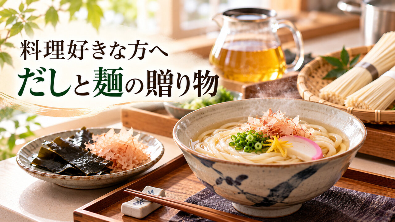 だしと昆布、鰹節を添えた湯気の立つ温かいうどん
