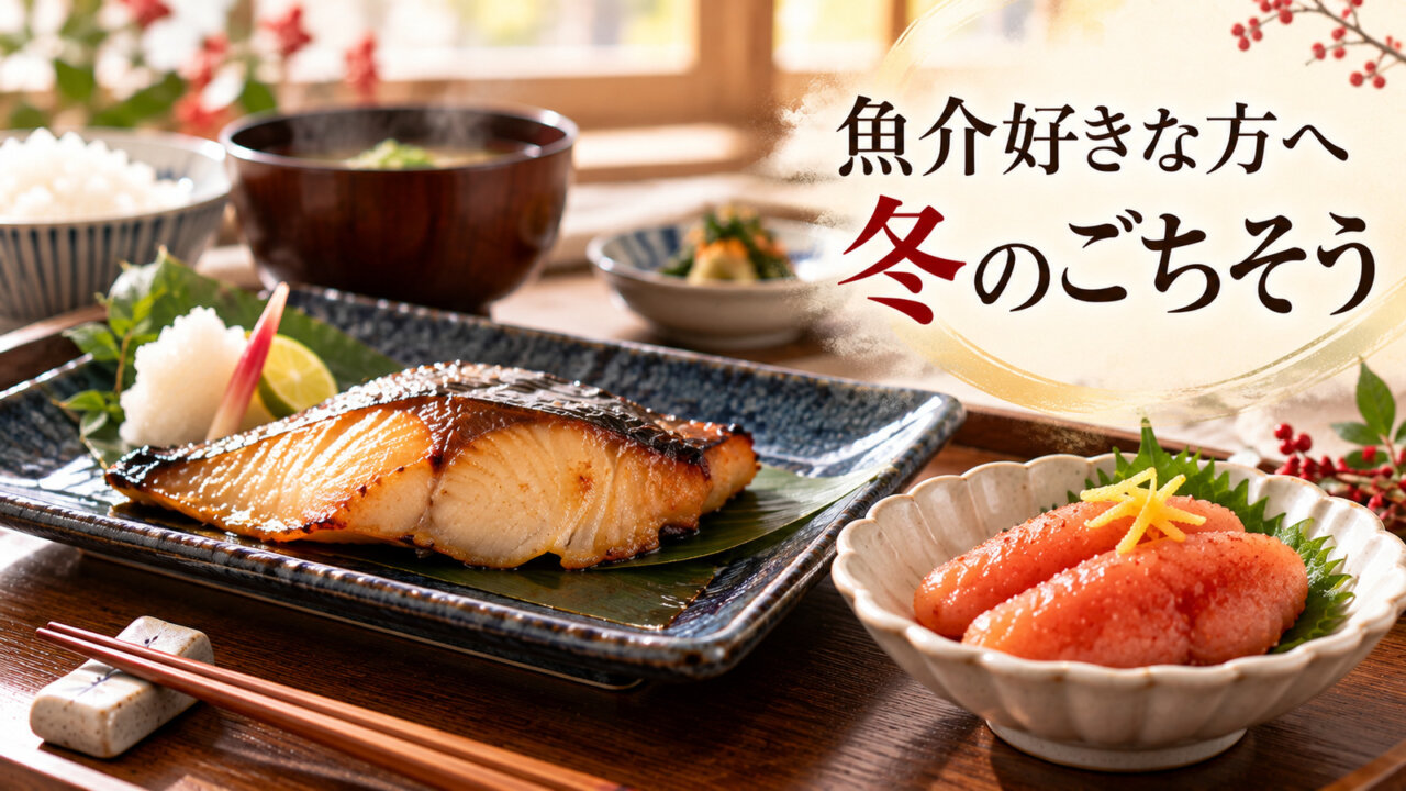 焼き魚の切り身と辛子明太子を盛り付けた和食の食卓