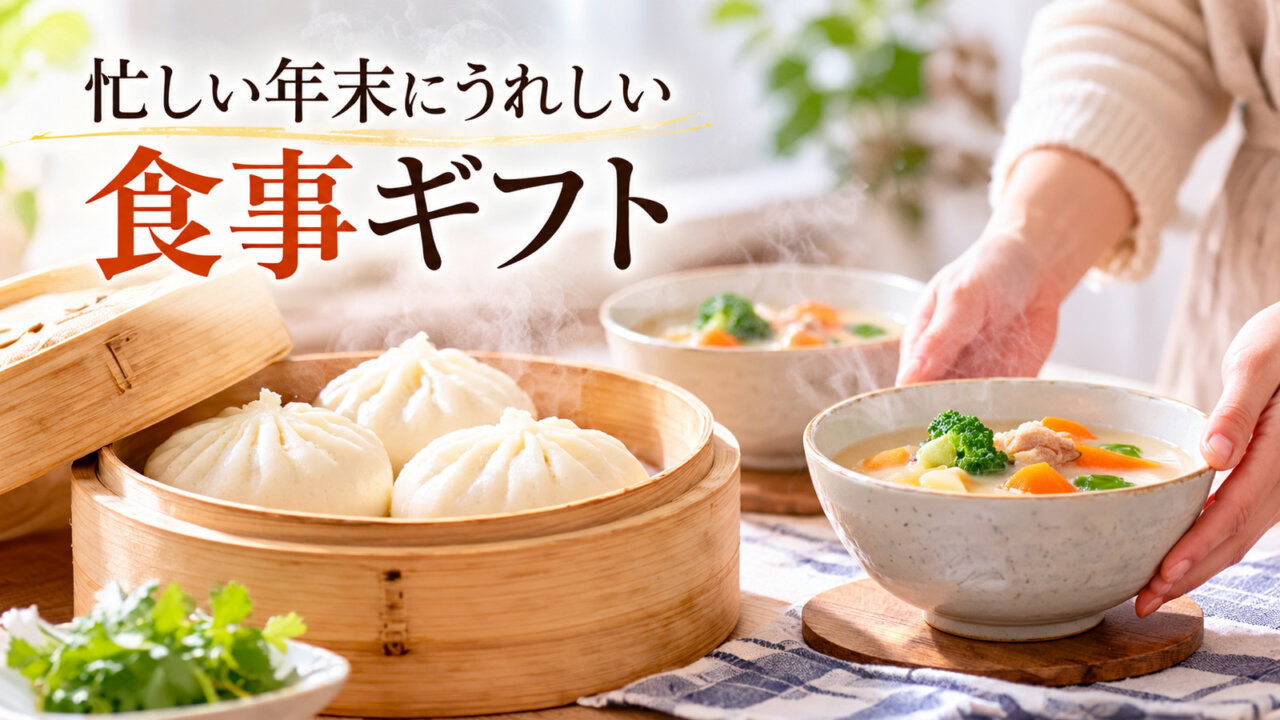 蒸籠の豚まんと温かいスープを食卓に出す様子