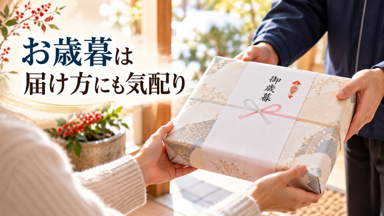 御歳暮ののしを付けた包装箱を玄関先で受け取る様子