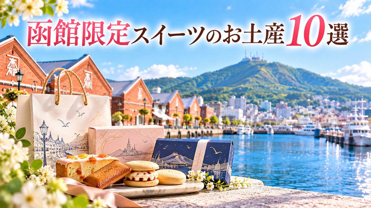 函館の港と赤レンガ倉庫を背景にお土産の紙袋や焼き菓子が並ぶアイキャッチ