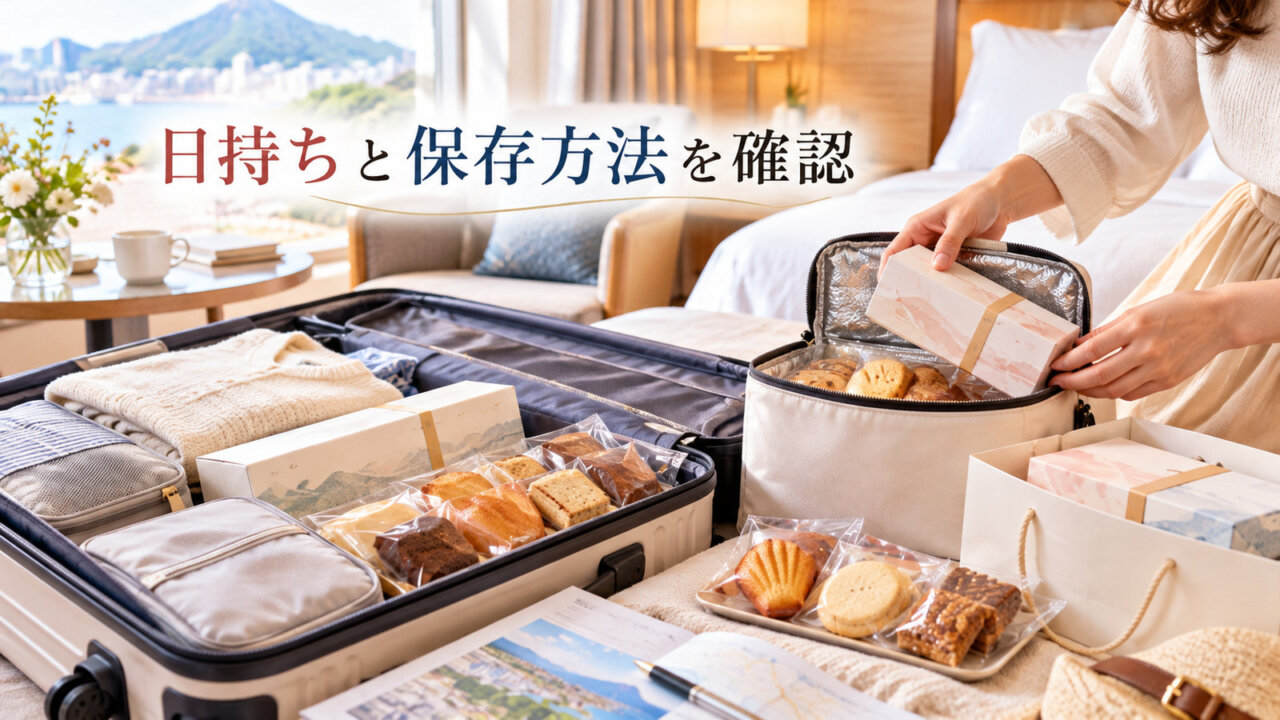 日持ちと保存方法を確認 旅先のホテルで保冷バッグと焼き菓子をスーツケースに整理する女性