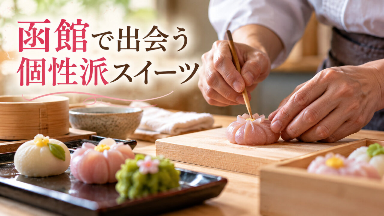 函館で出会う個性派スイーツ 木の作業台で職人が花形の創作和菓子を丁寧に仕上げる手元