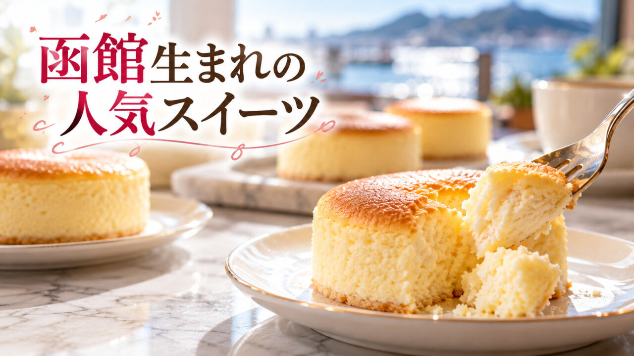 函館生まれの人気スイーツ フォークですくったスフレチーズケーキの柔らかな断面とカフェのテーブル