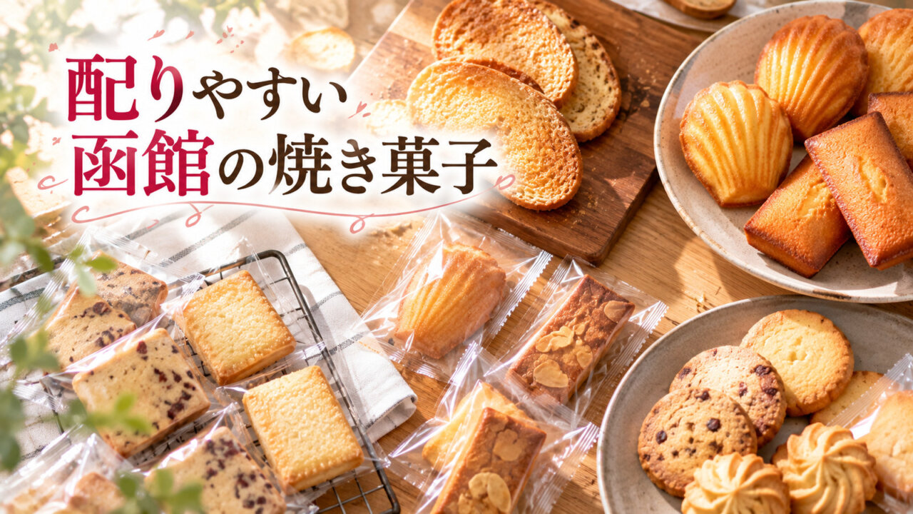 配りやすい函館の焼き菓子 個包装の焼き菓子やラスクを明るいテーブルに広げた俯瞰写真
