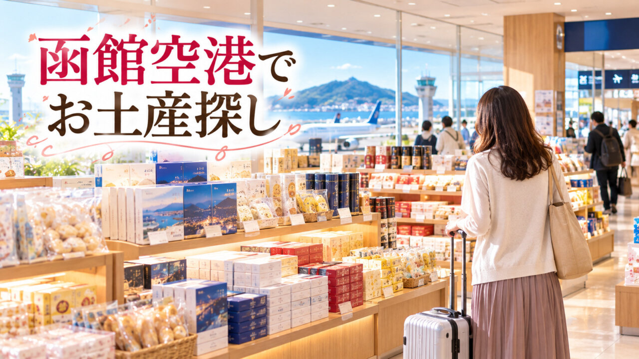 函館空港でお土産探し 函館空港をイメージした菓子土産店でスーツケースを引く旅行客の後ろ姿