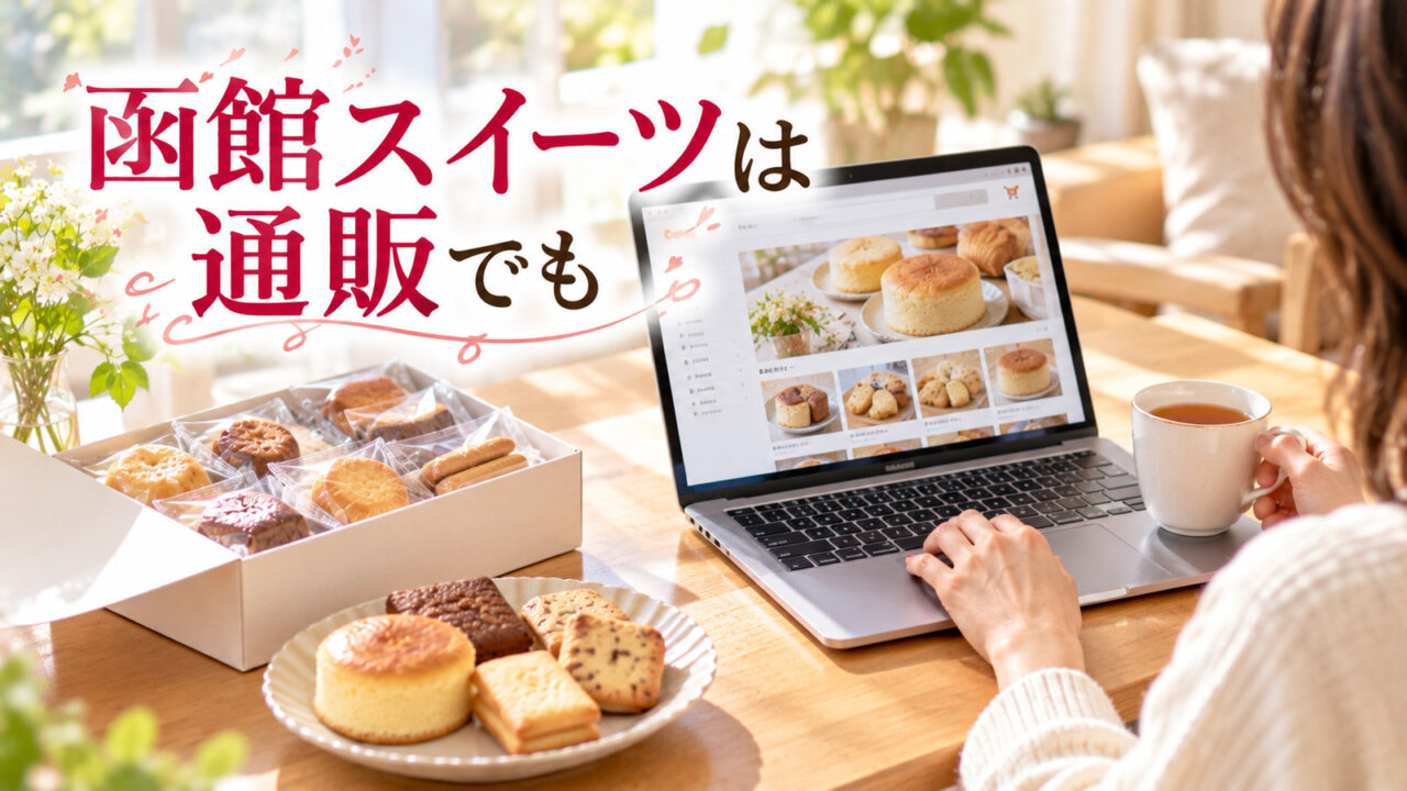函館スイーツは通販でも 自宅でノートパソコンの商品一覧を見ながら函館の焼き菓子を選ぶ女性