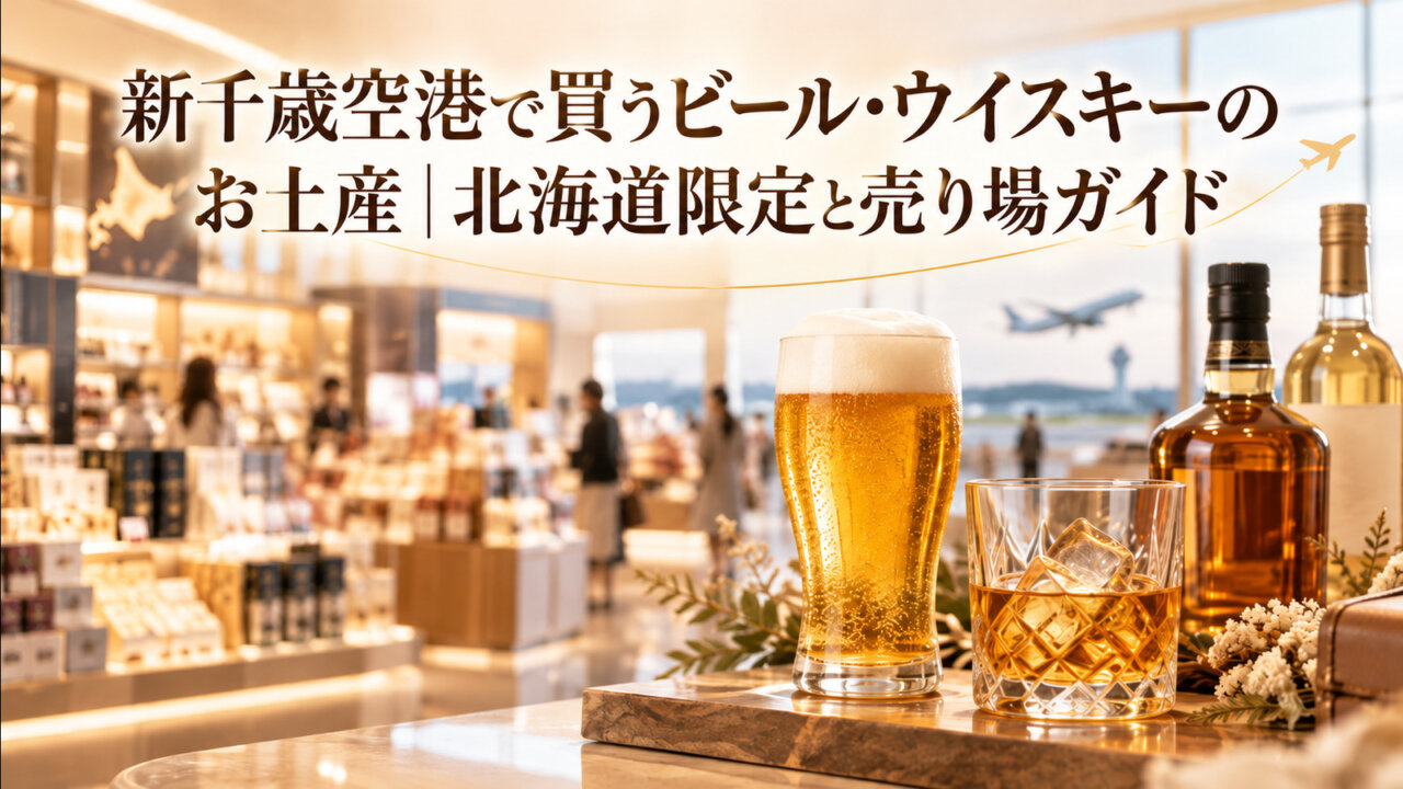 新千歳空港で買うビール・ウイスキーのお土産｜北海道限定と売り場ガイド。空港のお土産売り場を背景にビールとウイスキーが並ぶアイキャッチ