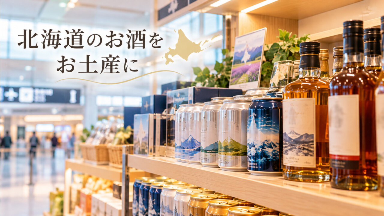 北海道のお酒をお土産に 新千歳空港のお土産売り場をイメージした棚に並ぶ北海道のビール缶とウイスキーボトル