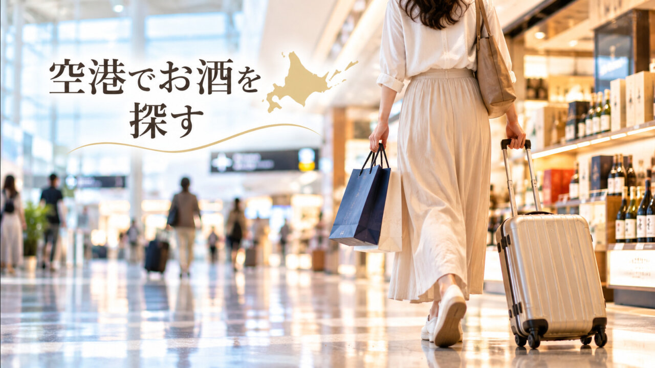 空港でお酒を探す お土産袋とキャリーケースを持って空港のお酒売り場の近くを歩く旅行者