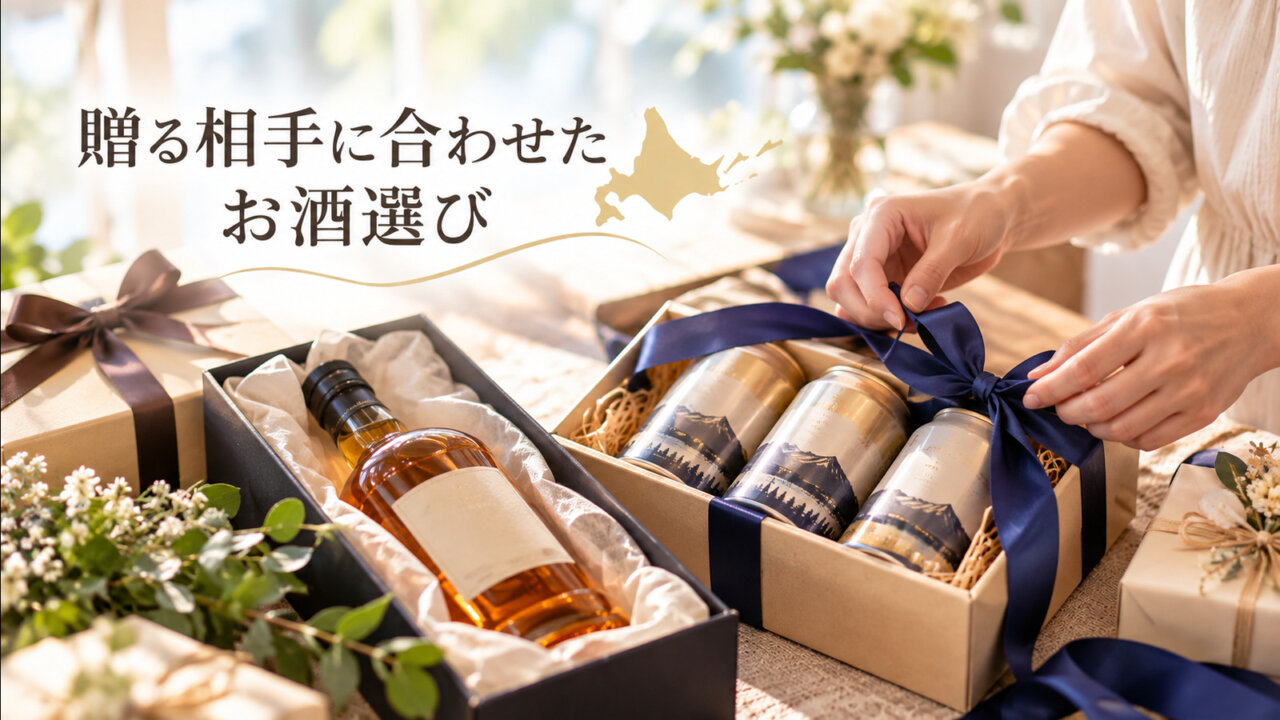 贈る相手に合わせたお酒選び ビール缶とウイスキーボトルを贈り物としてラッピングする手元