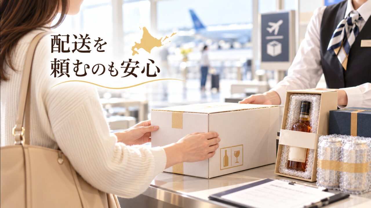 配送を頼むのも安心 空港の宅配受付でお酒の箱をスタッフに渡し配送を依頼する女性