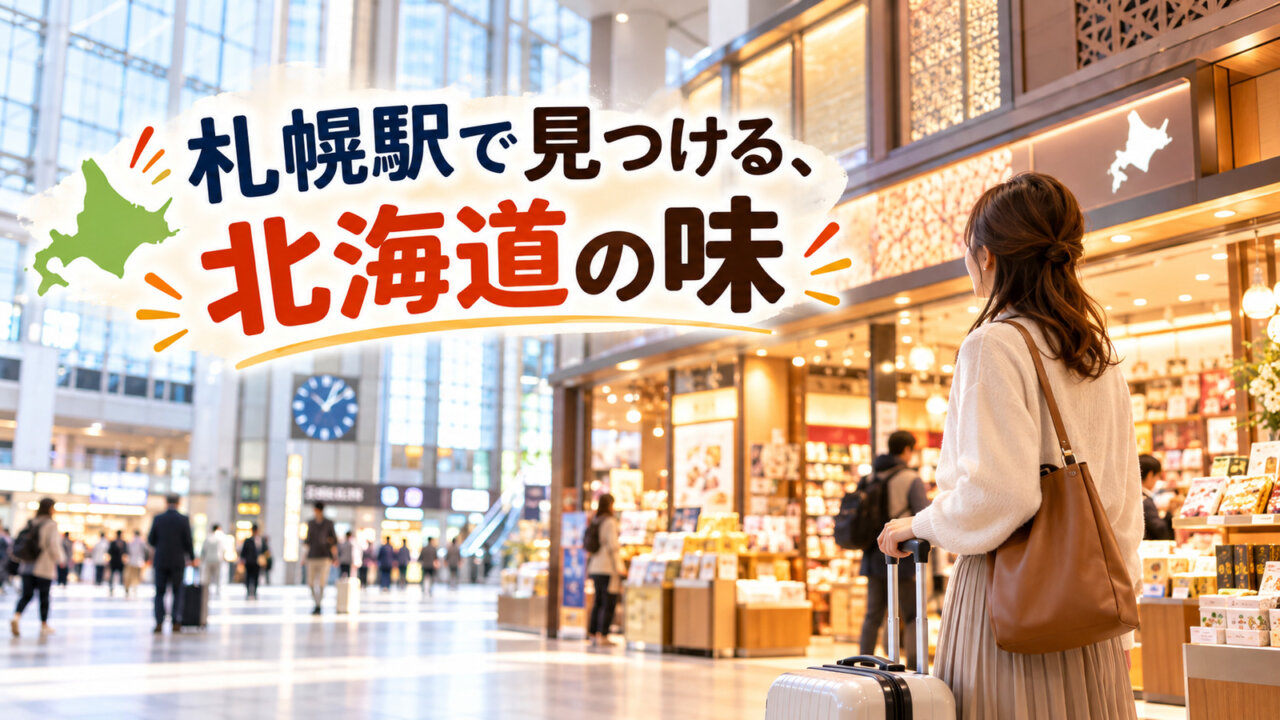 札幌駅で見つける、北海道の味 札幌駅の明るいコンコースで北海道のお土産売り場を見つめる旅行者