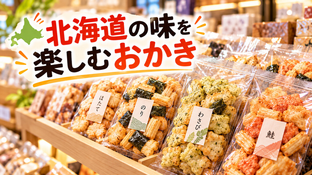 北海道の味を楽しむおかき 帆立、海苔、山わさび、鮭などをイメージした袋入りおかきの売り場
