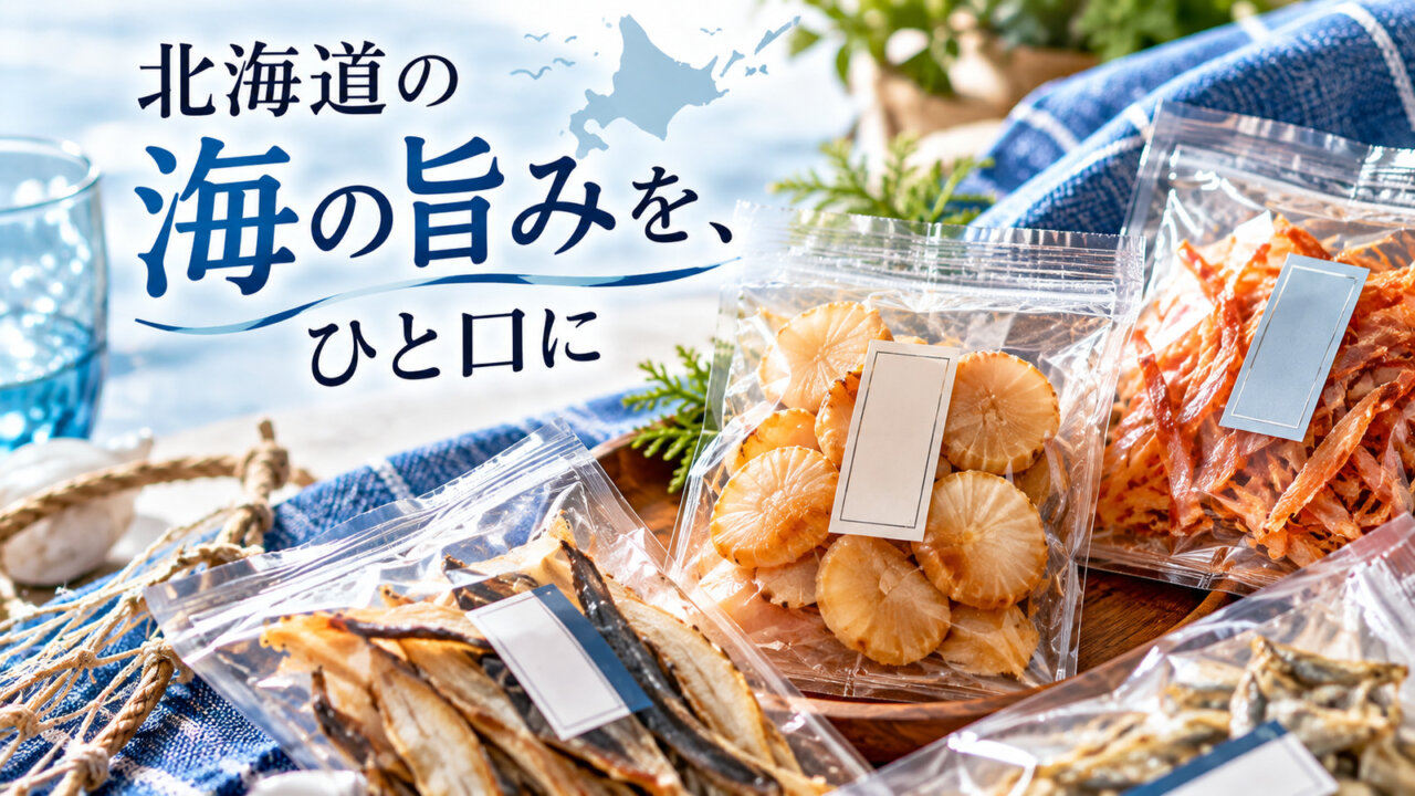 北海道の海の旨みを、ひと口に 乾燥帆立や焼き魚など北海道の海鮮おつまみをイメージした透明パック