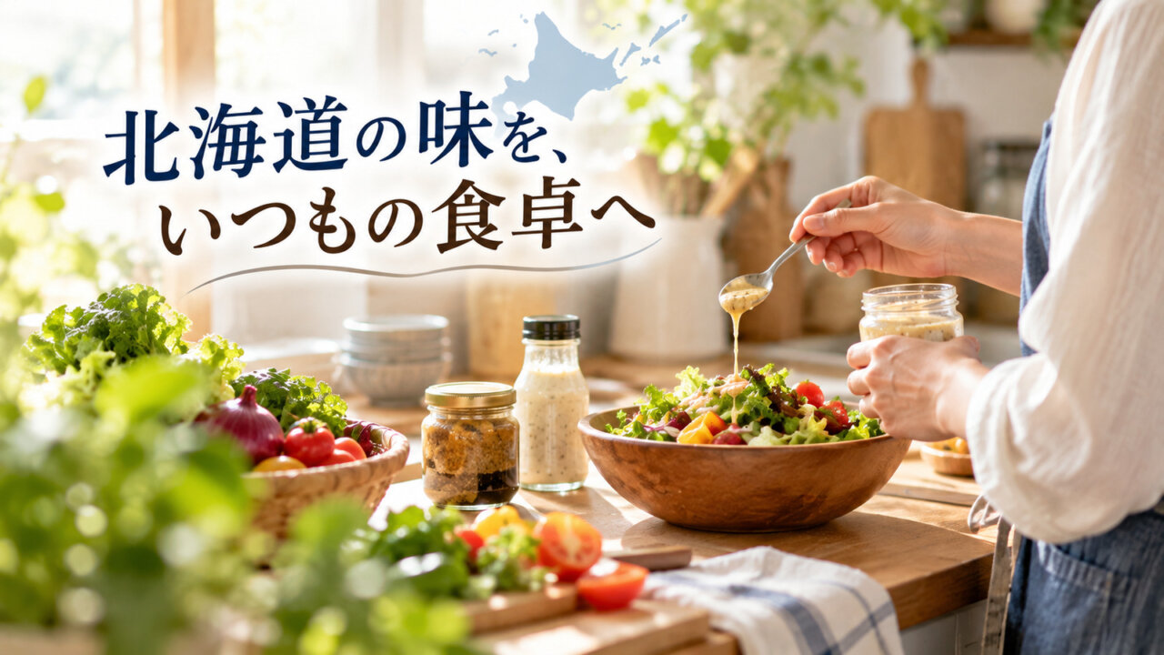 北海道の味を、いつもの食卓へ 明るい家庭のキッチンでサラダに調味料をかける様子