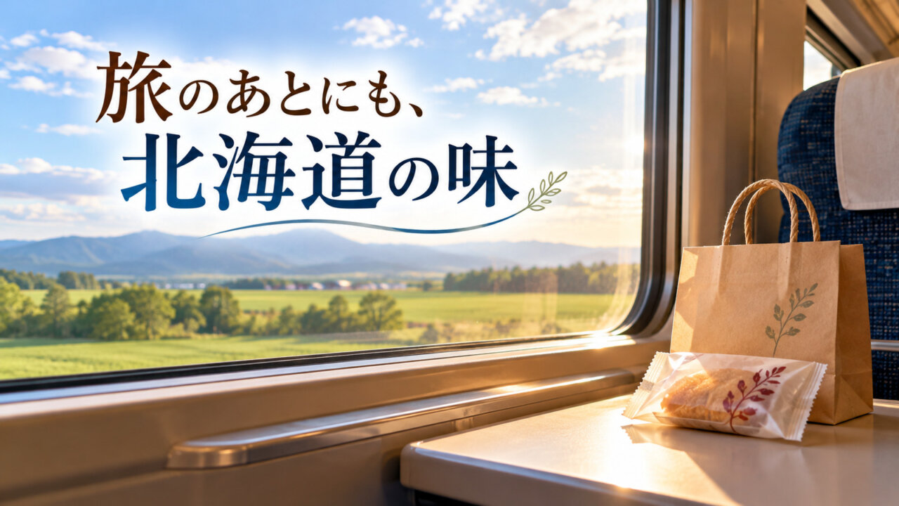 旅のあとにも、北海道の味 列車の窓から見える北海道の風景とお土産の紙袋