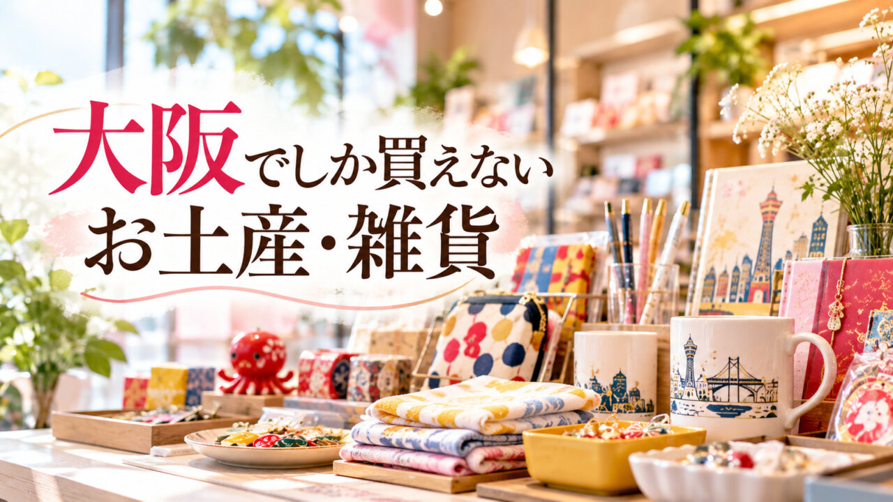 大阪でしか買えないお土産・雑貨の記事アイキャッチ。文具やポーチ、ハンカチが並ぶ現代的な雑貨のイメージ