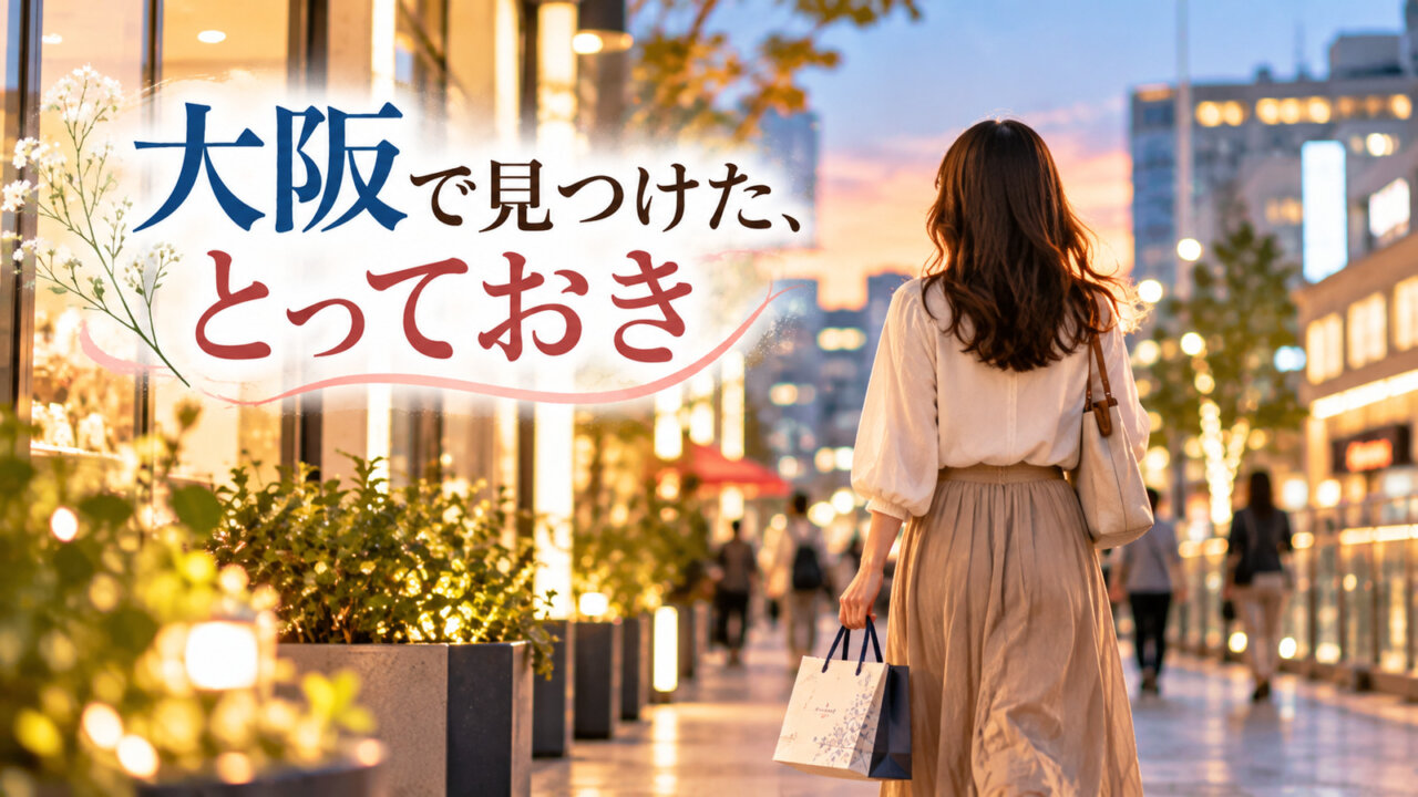 大阪で見つけた、とっておき 大阪でしか買えないお土産・雑貨|夕暮れの大阪でお土産を持って歩く女性の後ろ姿