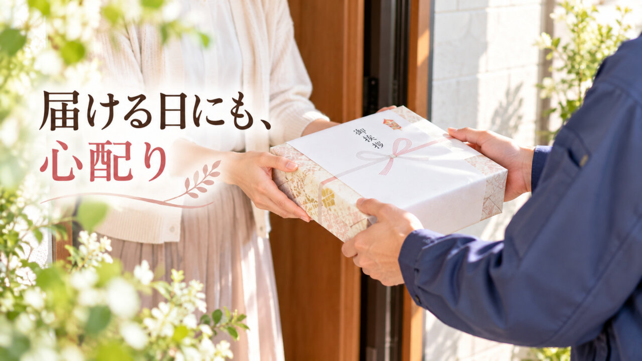 届ける日にも、心配り 玄関で贈り物を受け取る場面と配送時期への心配り